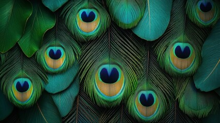A close-up view of vibrant peacock feathers set against lush green leaves, showcasing intricate details and a rich color palette.