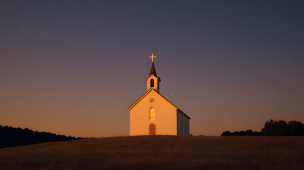Church at Night Under a Clear Sky with Stars | Warm Light Illuminating Spiritual Architecture