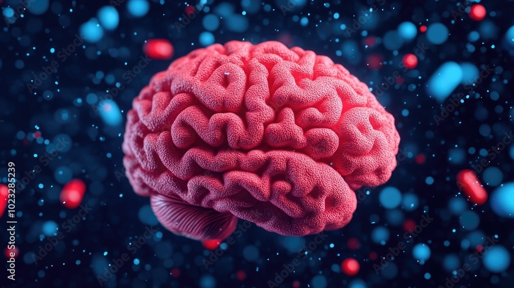 Poster digitally rendered image of a human brain illuminated by streams of flowing vitamins and minerals re