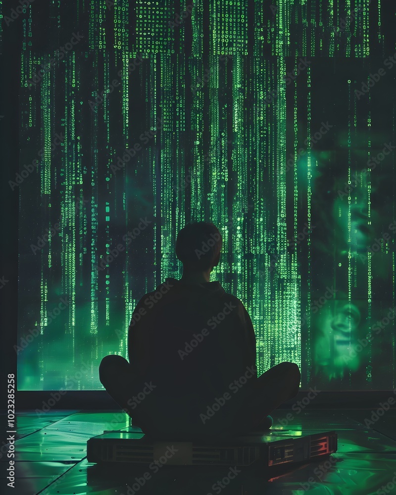 Poster lone hacker immersed in the cascading green binary code matrix represents the secrecy and intensity 
