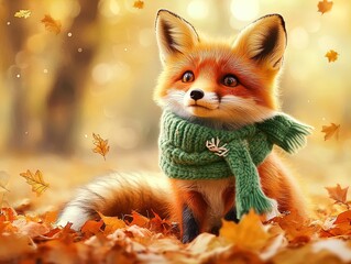 Obraz premium Charming Fox in Green Scarf: A Playful Nature Poster Perfect for Cozy Interiors and Autumn Vibes, Featuring a Cheerful Fox Amidst Golden Leaves in Soft Woodland Light