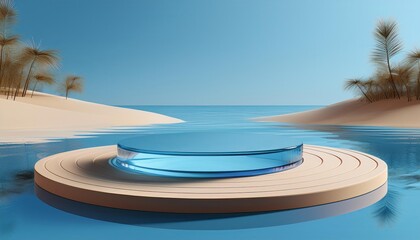 Obraz premium 3D Render Minimal Platform on Water and Sand with Glass Wall Panels