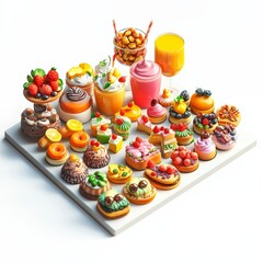 Obraz premium A colorful isometric view of a breakfast buffet featuring various pastries, fruits, and drinks, arranged on a clean white backdrop