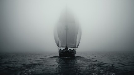 Yacht disappearing into thick fog with only mast barely visible