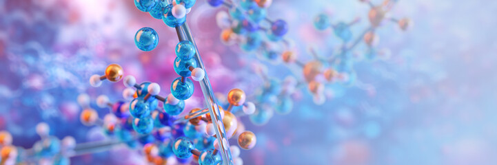 Amino acids in protein molecules, essential for DNA molecular structure, metabolism, muscle synthesis, recovery. MicroRNA gene expression. Health, fitness, nutrition, dietary supplements 3D banner