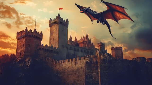 A dragon flying over a medieval castle at dusk, with its wings casting shadows on the castle walls. Chimeras Lair. Illustration