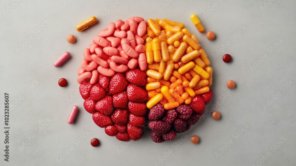 Poster conceptual image of an abstract brain shape created from various colorful fruits nuts and vitamin ca