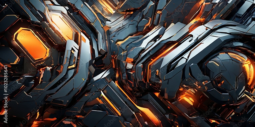 Poster A black and orange background with a lot of sharp angles and lines