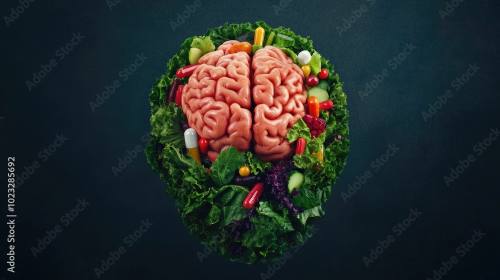 Poster vivid cross section of the human head showing a glowing brain absorbing vital nutrients and suppleme