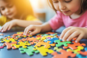 Fototapeta premium Little Girl Concentrating on a Puzzle