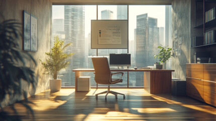 Fototapeta premium Modern Executive Office with City View and Natural Lighting