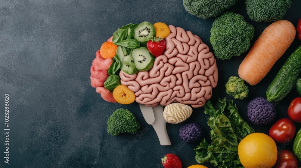 Poster conceptual image of brain highlighted by glowing superfood icons fruits and vegetables nourishing an