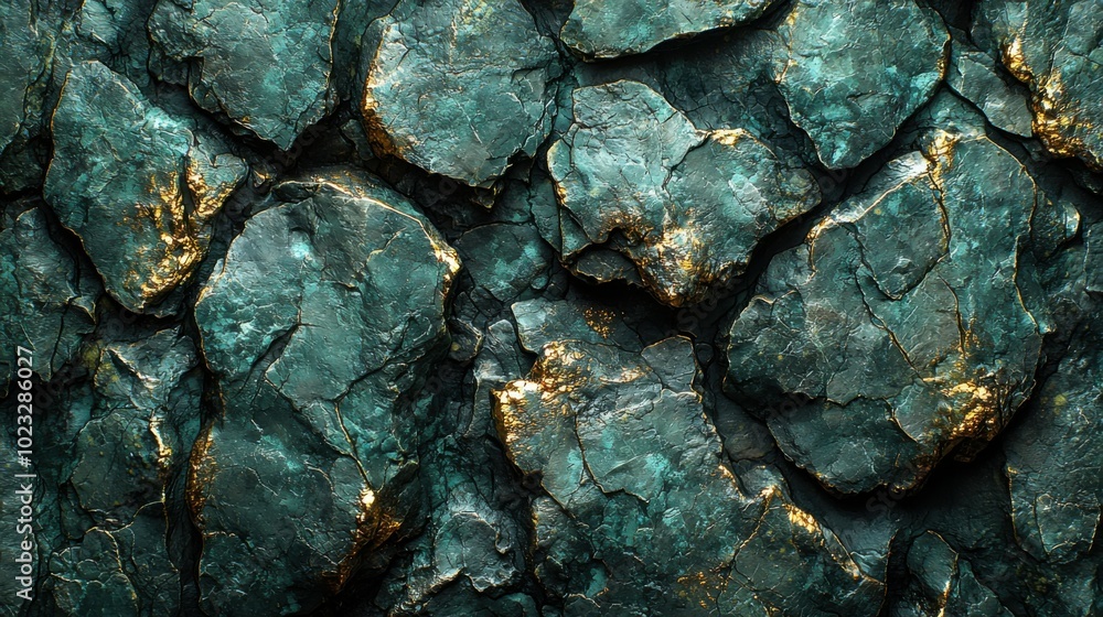 Wall mural an artistic close-up of textured rocks displaying dark teal shades and striking golden veins, creati