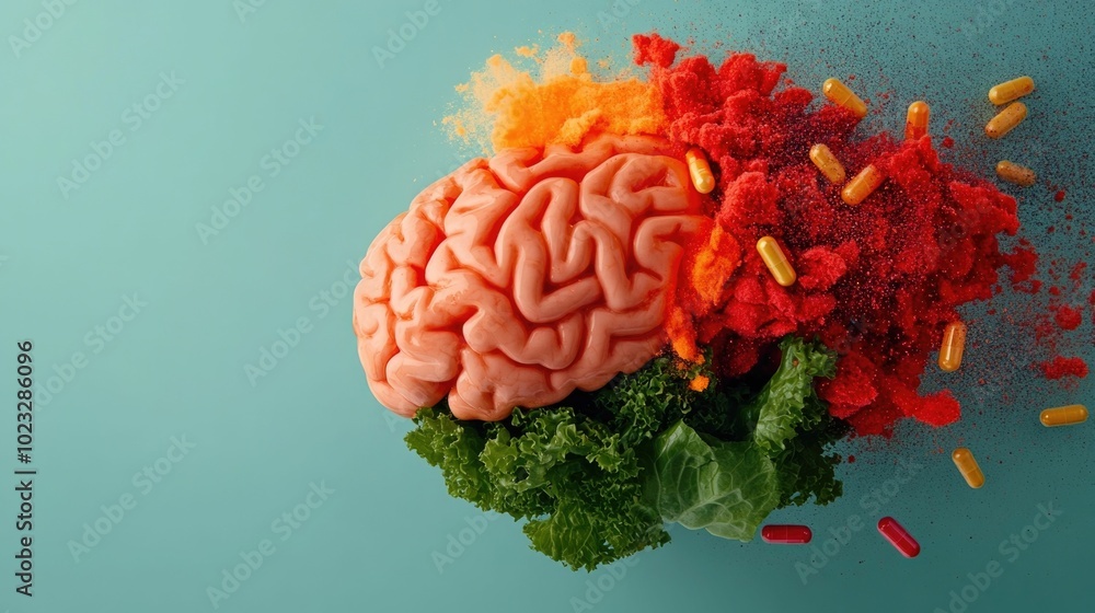 Poster visualizing brain nourishment abstract brain constructed from vitamins and nutrients surrounded by e