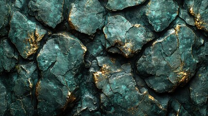 An artistic close-up of textured rocks displaying dark teal shades and striking golden veins, creating a visually captivating pattern.