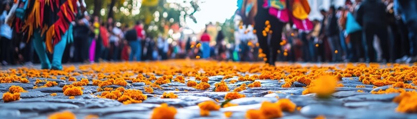 A vibrant street scene filled with colorful flower petals and lively celebration, showcasing a festive atmosphere and community spirit.