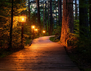 A magical woodland trail softly lit by the glow of lanterns in the evening in autumn