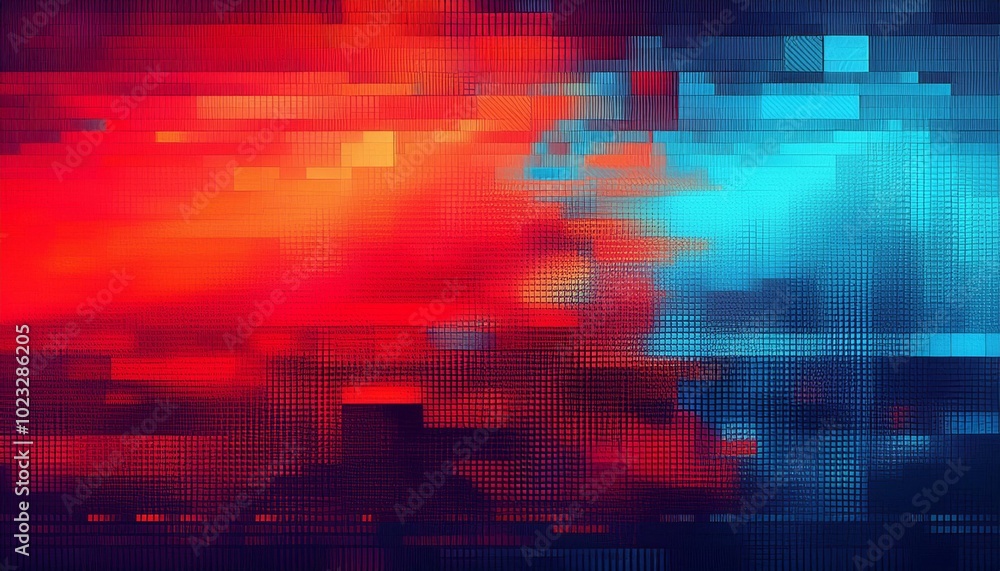 Poster abstract pixelated gradient background with red and blue hues and digital texture