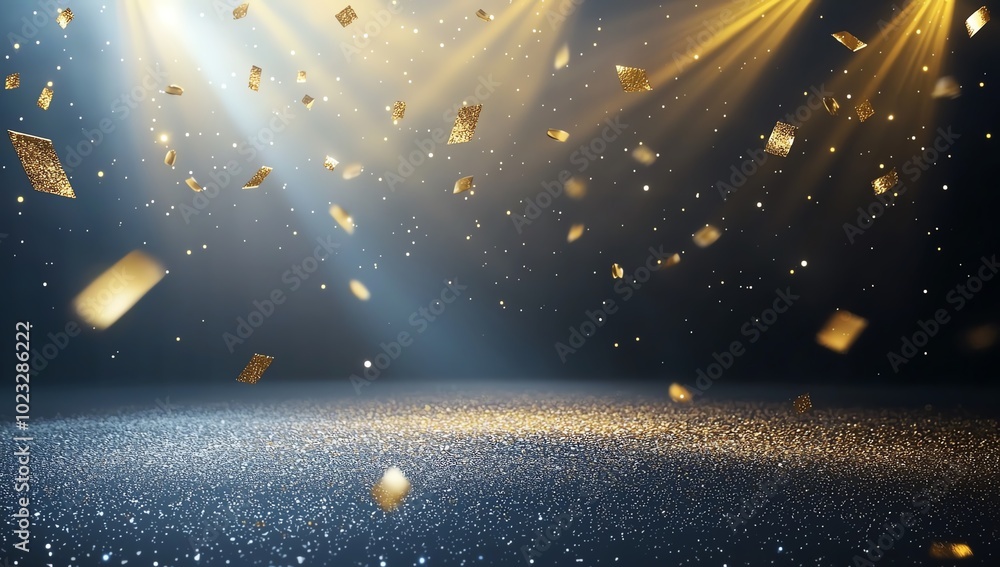 Poster a captivating scene with golden lights and shimmering particles, creating a magical atmosphere perfe