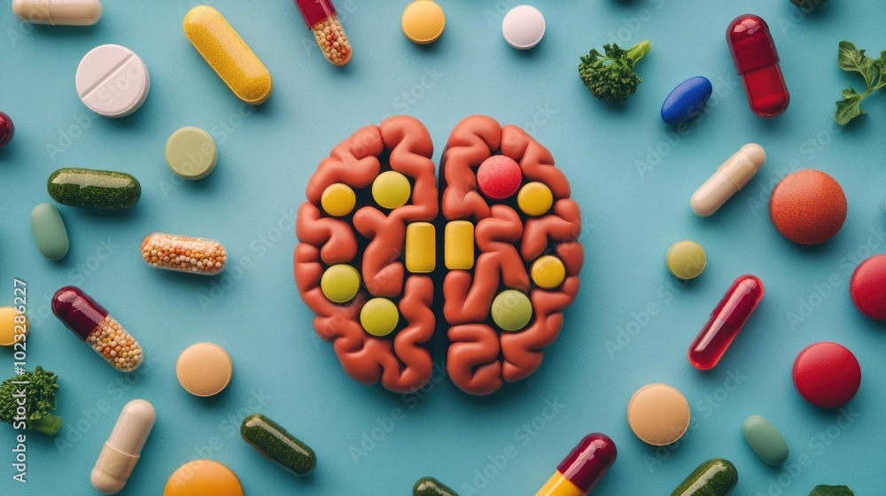 Poster conceptual of a brain illuminated by colorful orbs representing essential vitamins surrounded by a v