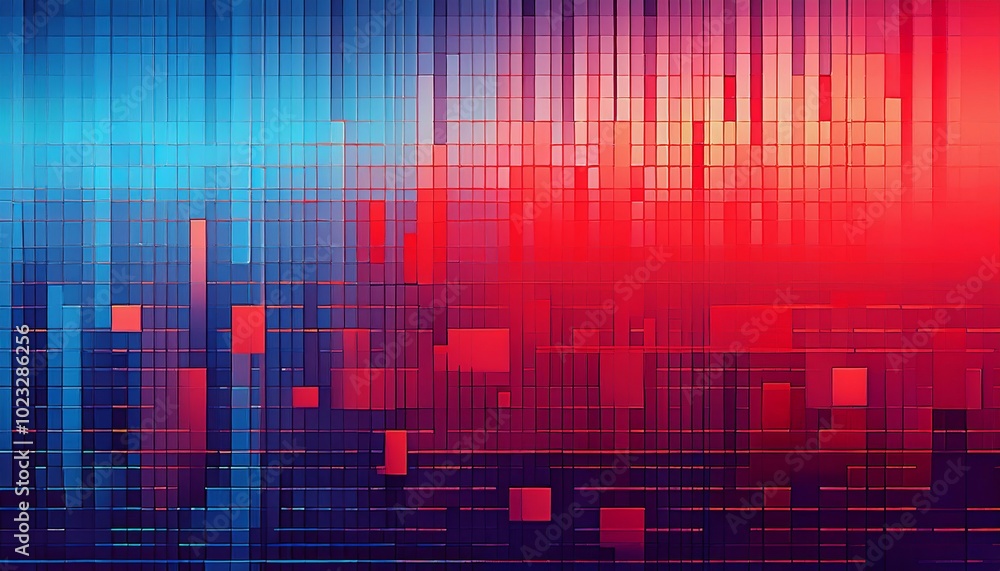 Poster abstract pixelated gradient background with red and blue hues and digital texture