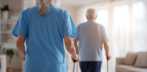 Fototapeta premium A caregiver assisting an elderly person in a warm, inviting environment, highlighting compassion and support in healthcare.