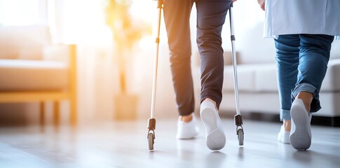 A caregiver helps a patient with crutches, promoting mobility and support in a bright, modern environment.