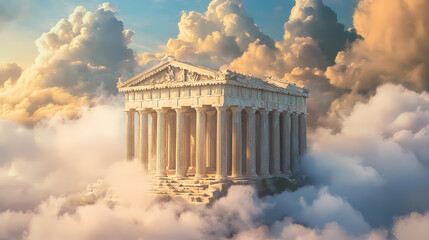 Obraz premium A dreamy greek temple floating clouds,surreal art ancient greek temple myth. Ancient Greek Temple. Illustration