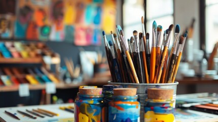 Colorful Workspace with Assorted Paintbrushes and Art Supplies