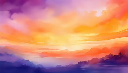 Fototapeta premium Abstract Watercolor Background Depicting a Sunset Sky with Orange and Purple