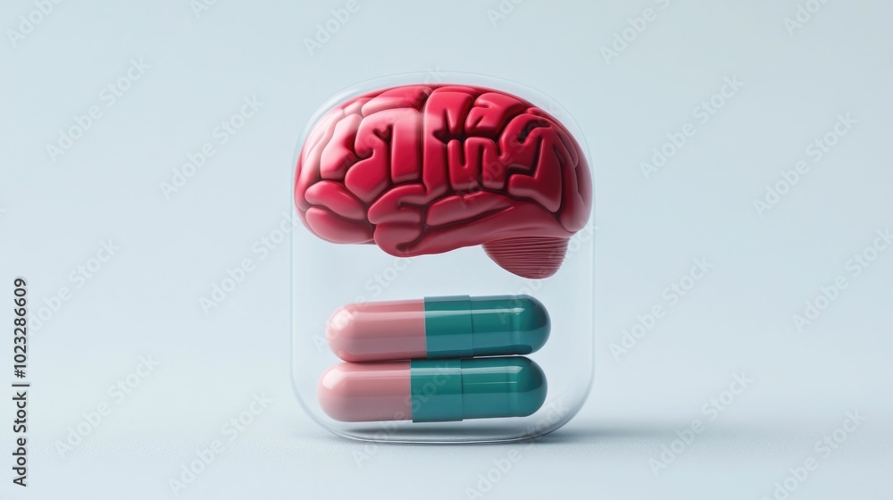 Poster Transparent pill with a brain inside symbolizing the power of vitamins and cognitive enhancement  This image represents the idea of brain supplements cognitive boosting