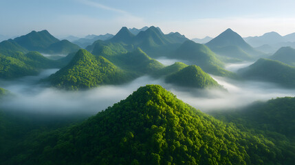 Naklejka premium Green Mountains and Mist Create a Beautiful Scene | Serene Landscape for Nature Lovers and Outdoor Enthusiasts