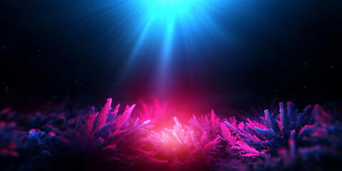 Colorful underwater scene illuminated by light, showcasing vibrant coral formations and marine life