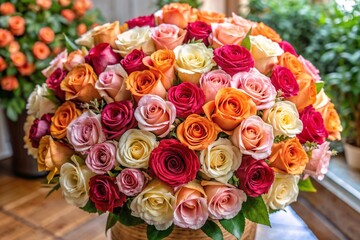 Obraz premium A large bouquet of colorful roses in a bright setting