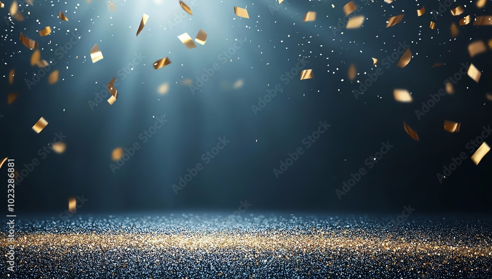 Poster a mesmerizing display of golden confetti floating in a beam of light against a dark background, perf