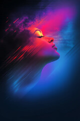 A vibrant portrait of a woman illuminated by colorful lights against a dark background