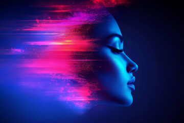 A vibrant portrait of a woman against a vivid backdrop in deep blue and pink hues at night