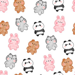 Cute watercolor hand drawn colorful animals seamless pattern background with panda, brown teddy bear, grey kitten, pink bunny.
