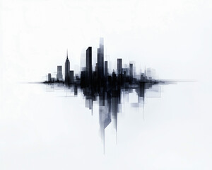 A minimalist skyline illustration showcasing abstract cityscape elements in shades of black and white.