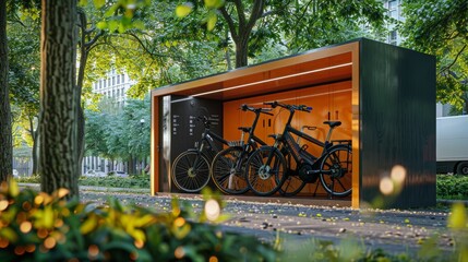 Covered Bicycle Storage Shed in a Lush Urban Park Setting