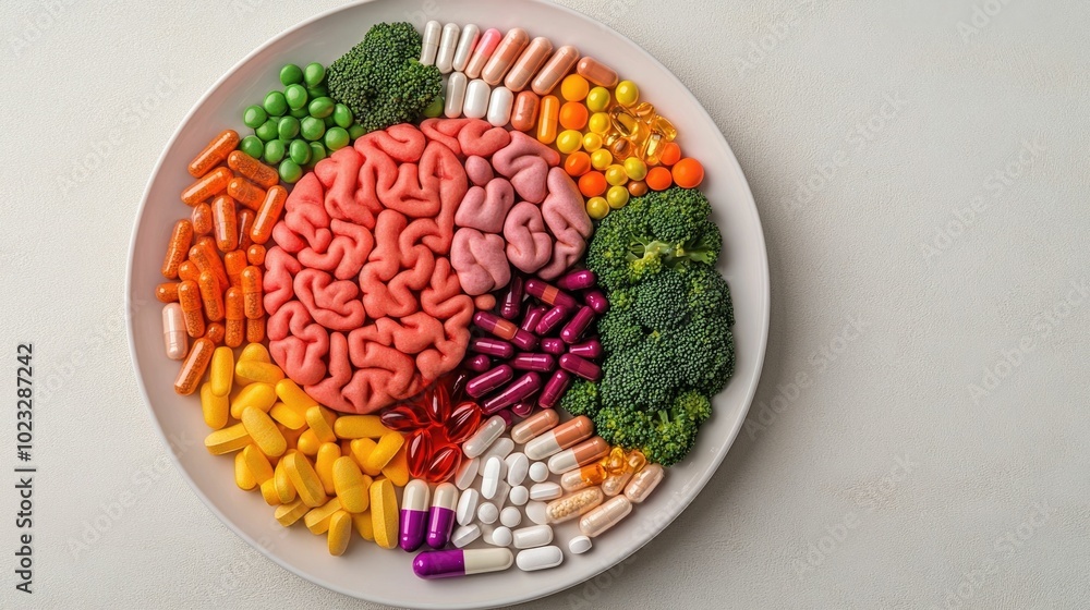 Poster overhead view of a healthy meal plate arranged in the shape of a human brain surrounded by various v
