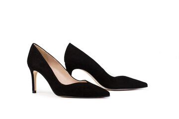 A pair of black high heel shoes on a white background with copy space