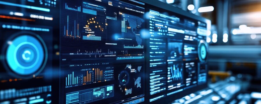 High-tech interface displaying data analytics with vibrant graphs and digital elements, ideal for tech and business presentations.