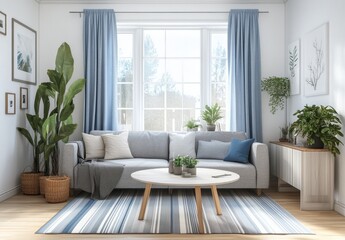 Modern Living Room with Gray Sofa, Blue Curtains, and Plants