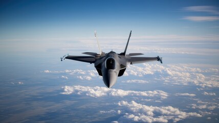 Military jet flying through the clouds on a clear day.