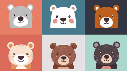 Set Bear card templates. Cute cartoon bear faces,paper art and digital craft style.