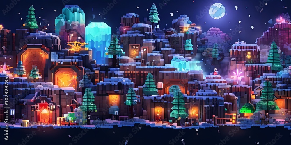 Aufkleber the scene is illuminated by the lights of the houses and the glowing moon