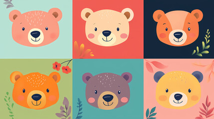 Set Bear card templates. Cute cartoon bear faces,paper art and digital craft style.