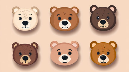 Set Bear card templates. Cute cartoon bear faces,paper art and digital craft style.