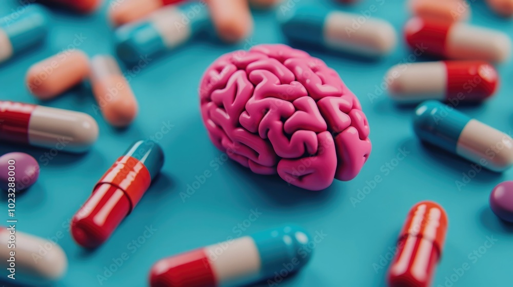 Poster futuristic digital brain being charged by nutrient filled capsules representing enhanced cognitive p